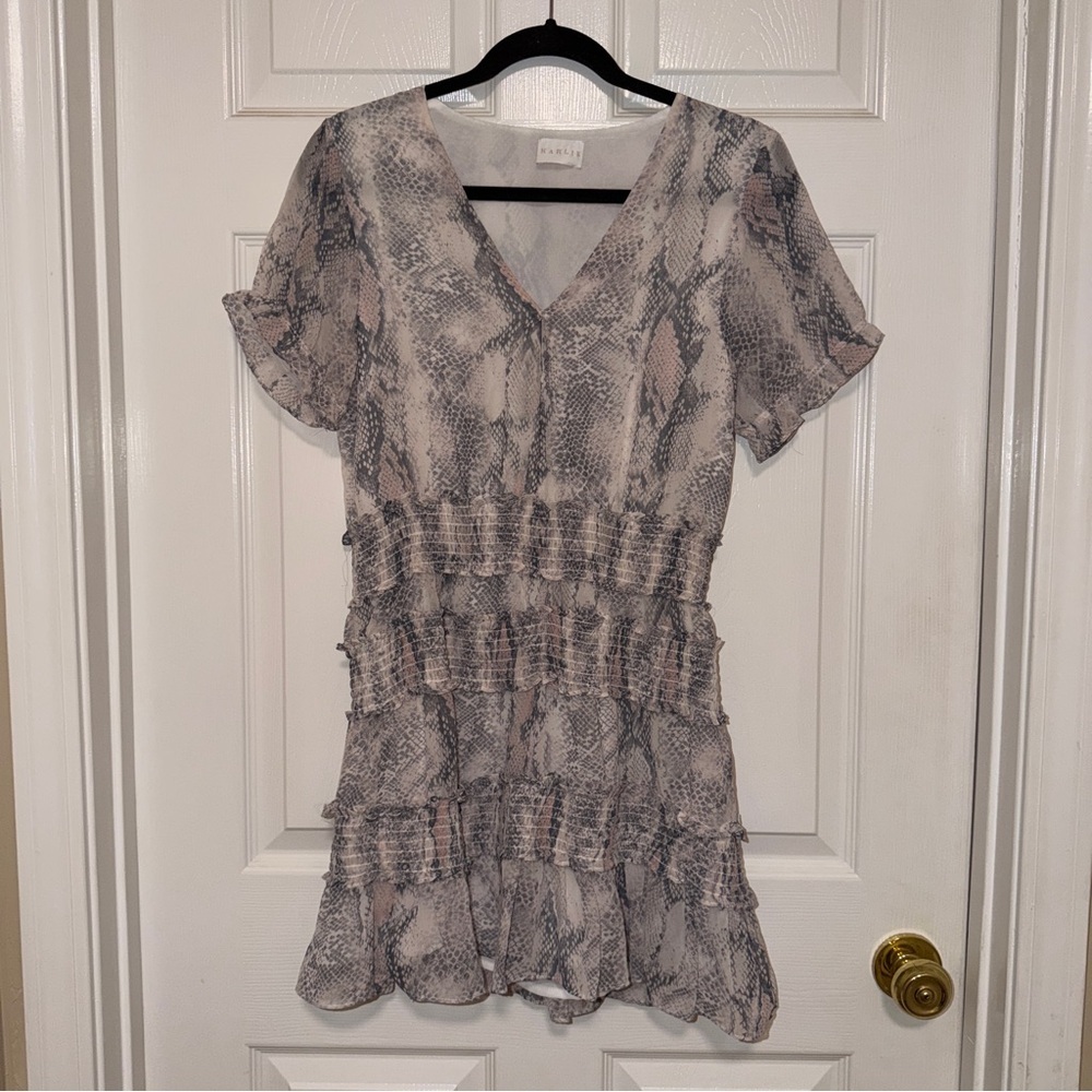 Karlie Snake-Print Ruffle Dress in Gray, Ivory, and Blush
